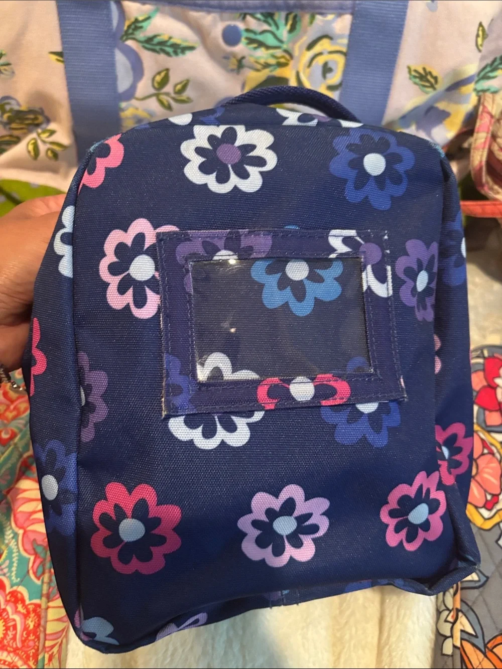 Vera Bradley Navy Floral Insulated Lunch Tote with Pink, Purple and Blue Flowers
